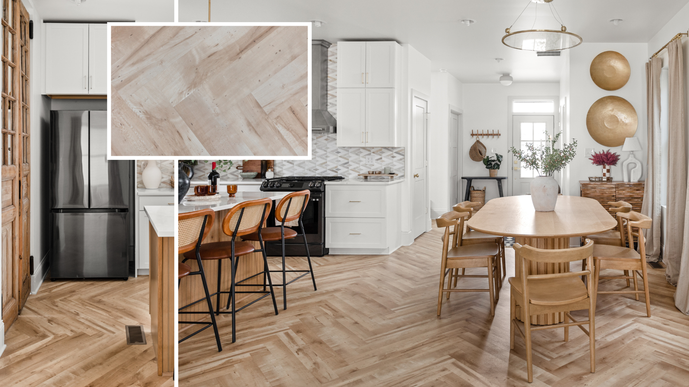 After photos of herringbone floors in Mina's new build remodel in episode 7 of Good Bones season 8; photo credit: Cory Phillips, The Home Aesthetic