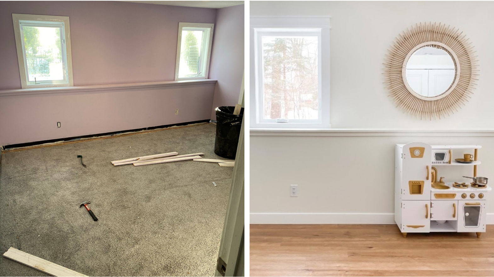 Bonus room space before with bright pink walls, dingy carpet and old windows.