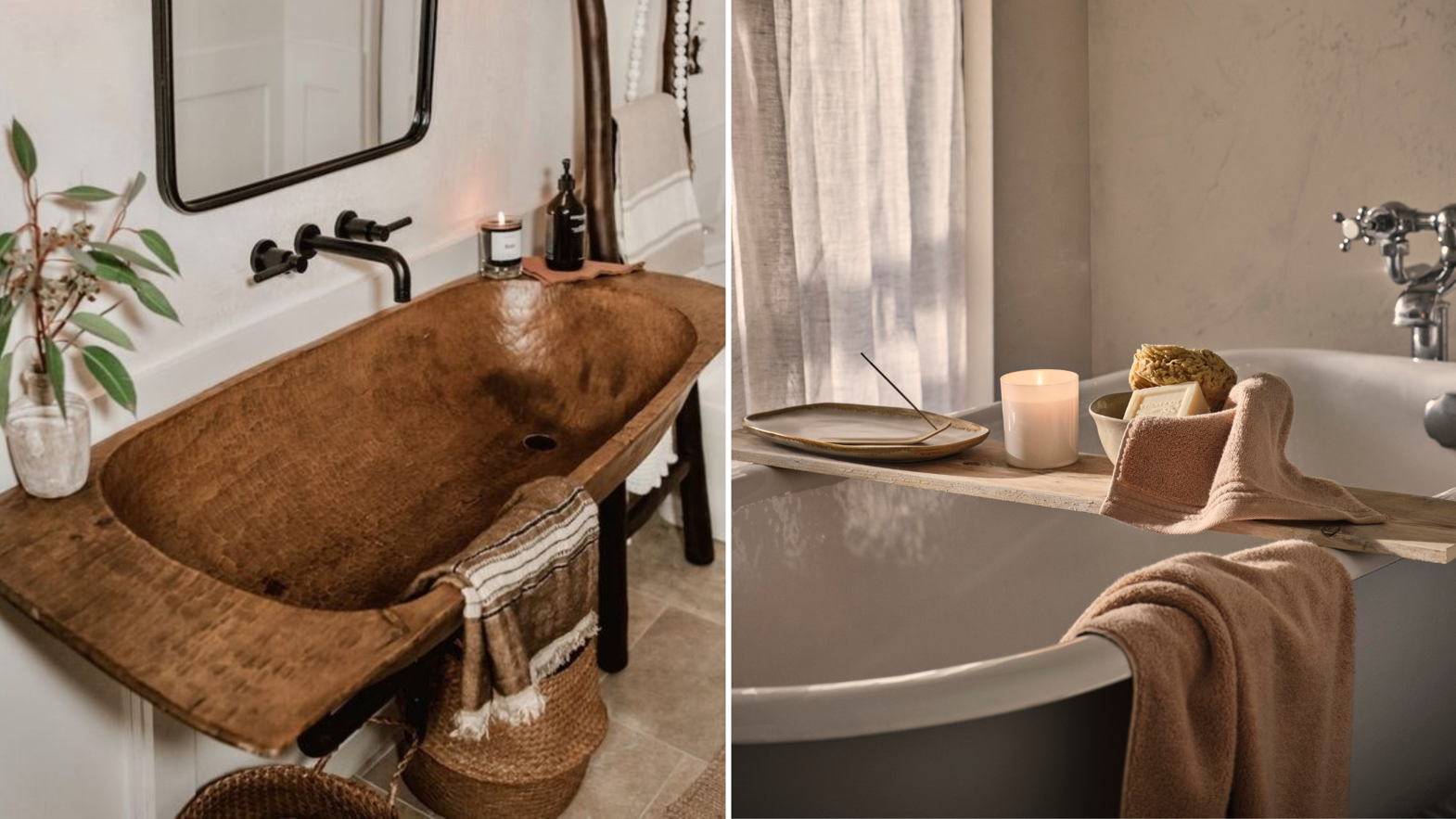 Wooden bathroom sink and warm, cozy bath curtesy of WGSN