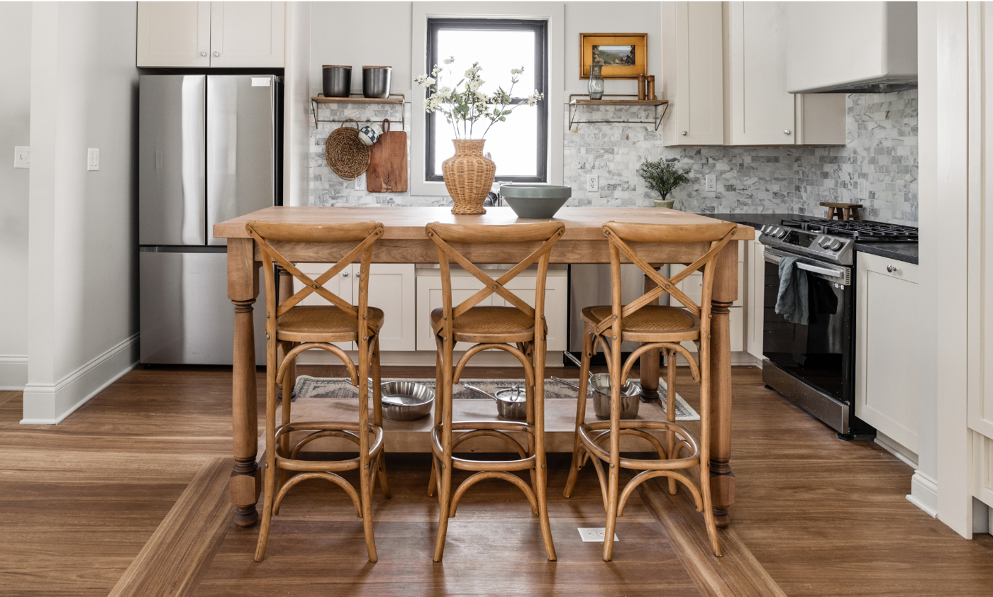 Lemon Spotted Gum LLP317 in a kitchen designed by Mina Starsiak Hawk for Good Bones season 8; photo credit: Cory Phillips, The Home Aesthetic