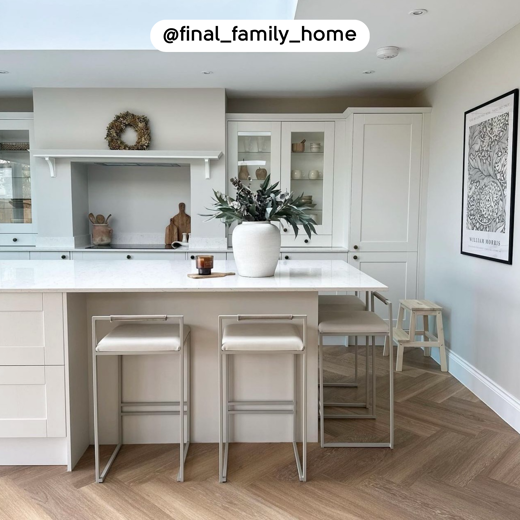 Lime Washed Oak KP99 herringbone floors in a kitchen; photo credit: @final_family_home