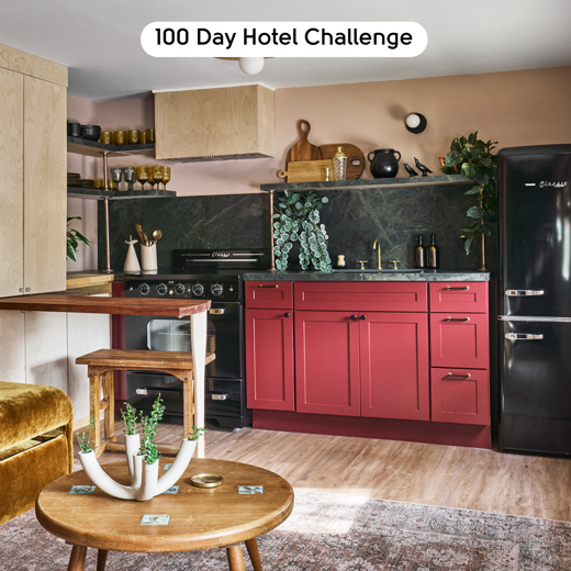 Champagne Oak LLP310 floors in a pink kitchenette designed by Mika Kleinschmidt in 100 Day Hotel Challenge