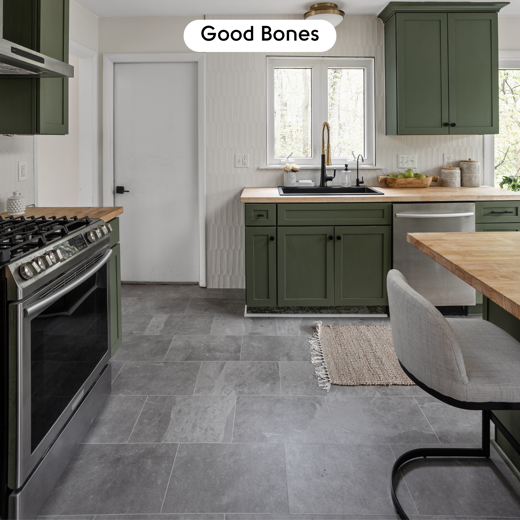 Grey Riven Slate ST16 floors in an open green kitchen from Season 8 of Good Bones; photo credit: Cory Phillips, The Home Aesthetic